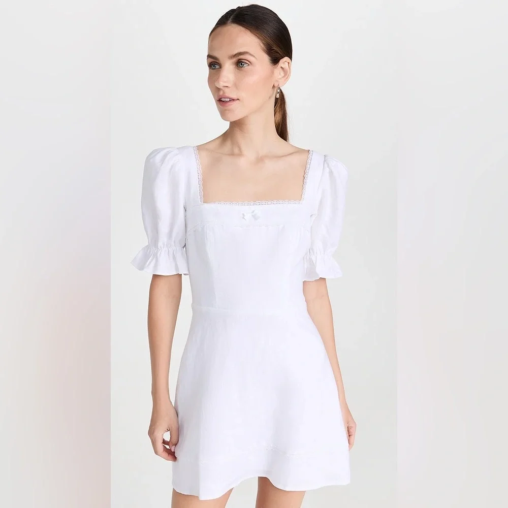 evianna linen dress white Reformation Evianna Lacetrimmed Linen Mini Dress In White - 55% Off